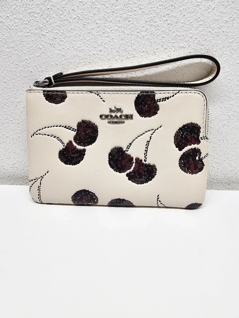 Coach Corner Zip Wristlet With Cherry Print Style CDF05